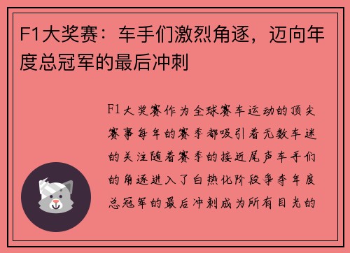F1大奖赛：车手们激烈角逐，迈向年度总冠军的最后冲刺