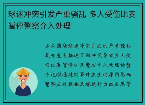 球迷冲突引发严重骚乱 多人受伤比赛暂停警察介入处理